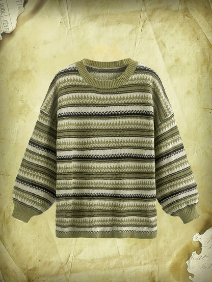 Sixsr Striped Print Knit Sweater, Vintage Crew Neck Long Sleeve Sweater, Women's Clothing