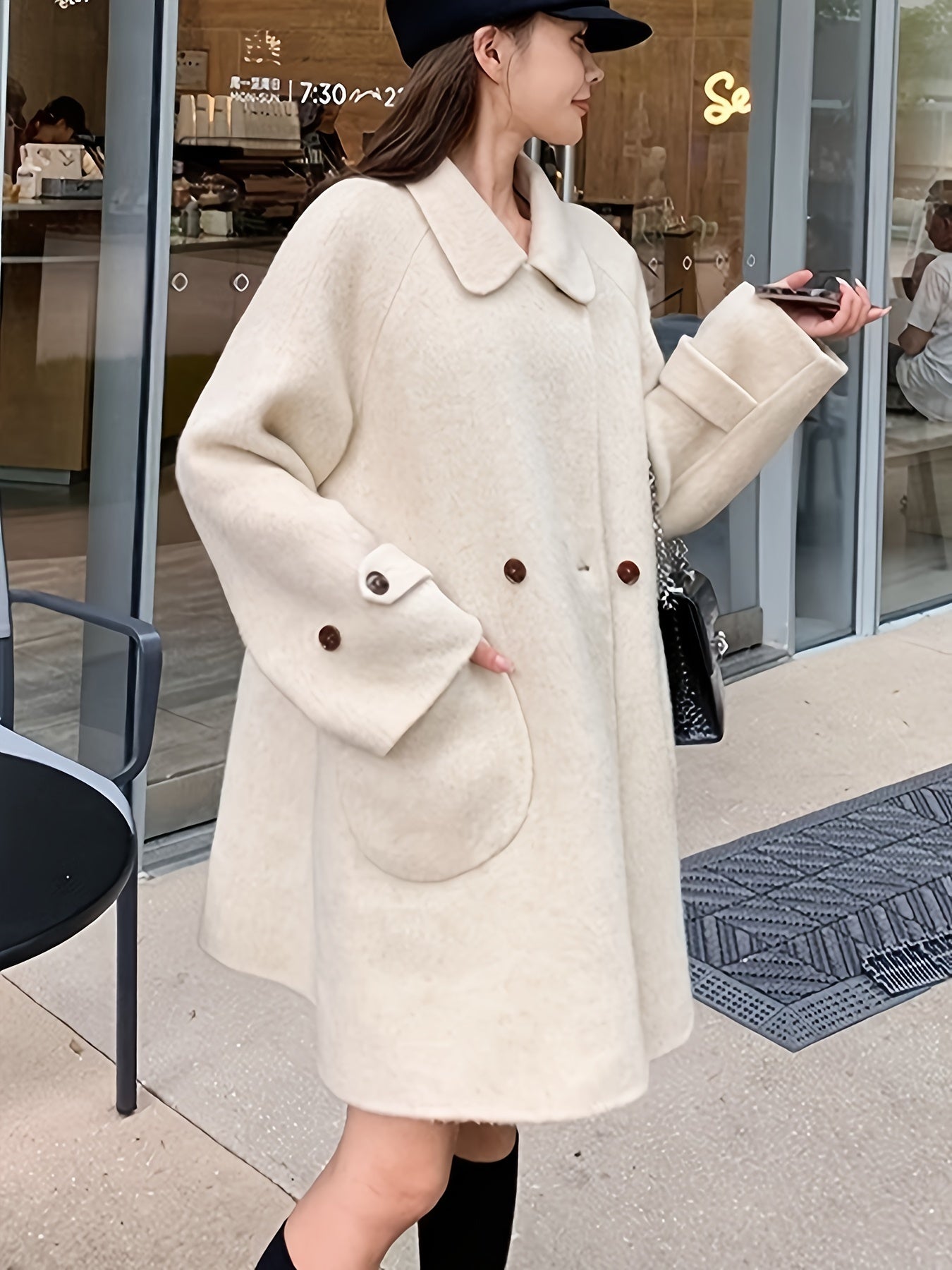 Sixsr Solid Double Breasted Pockets Overcoat, Elegant Long Sleeve Outwear For Fall & Winter, Women's Clothing