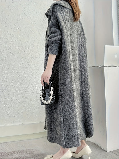 Sixsr Solid Open Front Knit Cardigan, Casual Collared Long Length Thick Sweater Outerwear For Fall & Winter, Women's Clothing