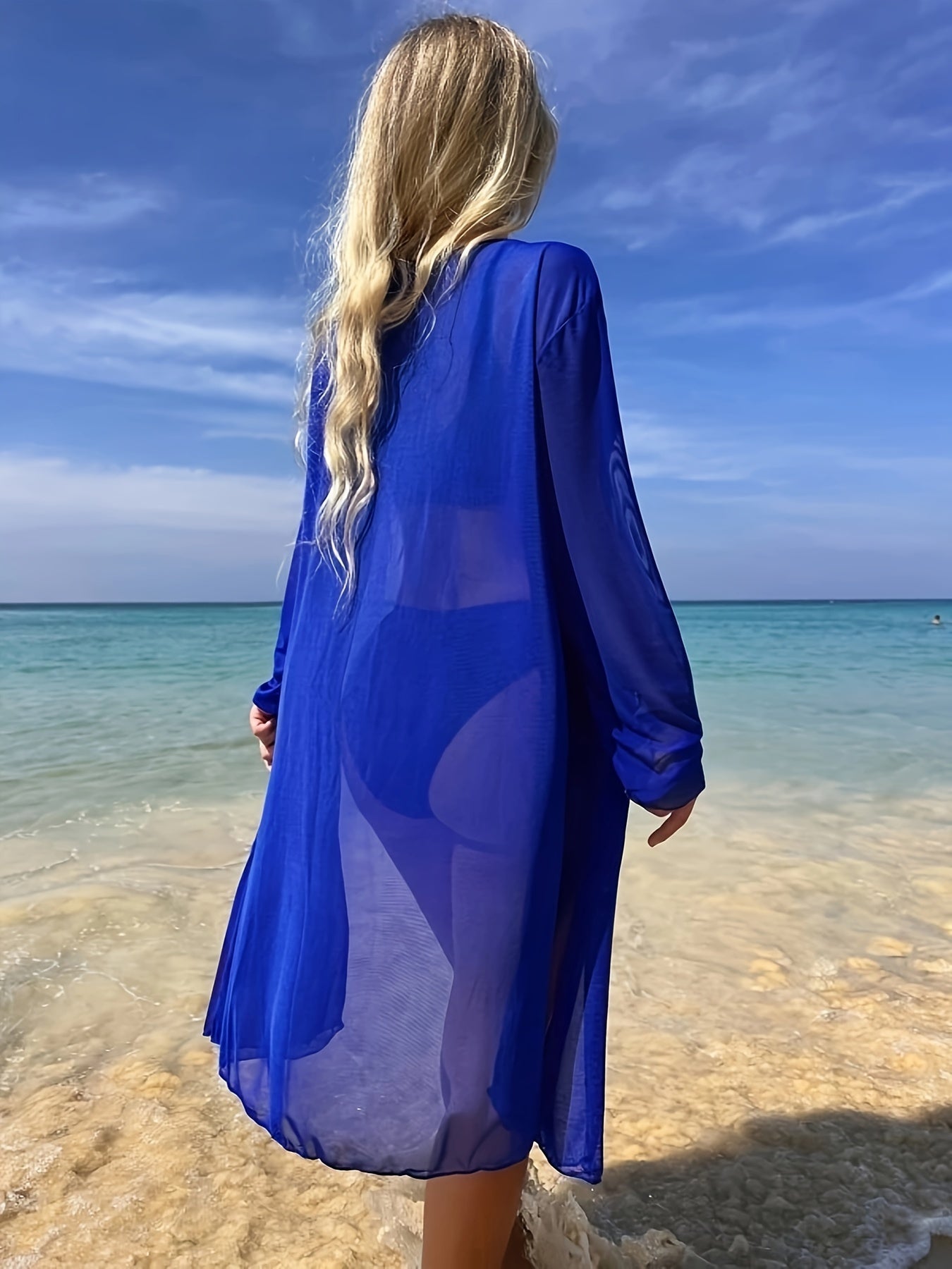 Sixsr  Plain Blue Medium Stretch 3 Piece Set Swimsuits, Star Shaped Accessory Decor V Neck Bikini & Long Sleeve Mesh Cover Up Kimono, Women's Swimwear & Clothing