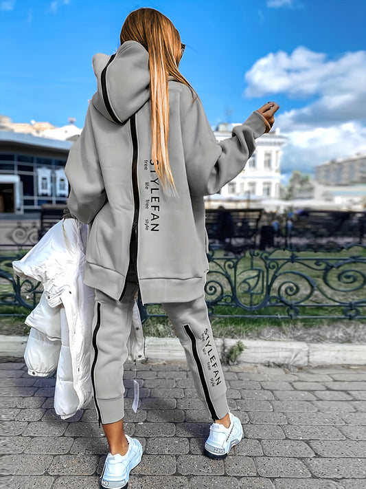 Sixsr Letter Print Two-piece Set, Zipper Back Drop Shoulder Hoodie & Elastic Waist Casual Pants Outfits, Women's Clothing