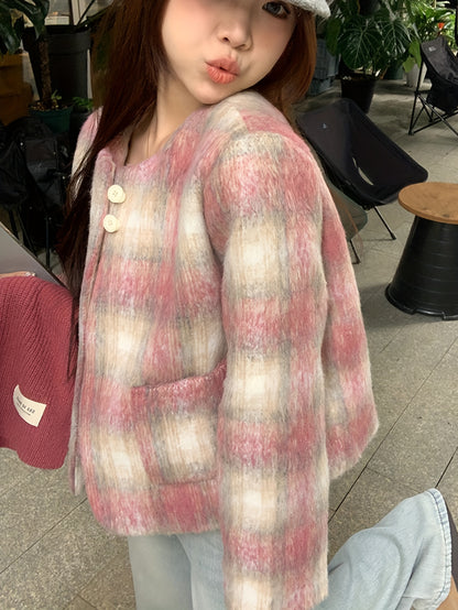 Sixsr Plaid Pattern Single Breasted Pockets Jacket, Elegant Long Sleeve Outwear For Fall & Winter, Women's Clothing