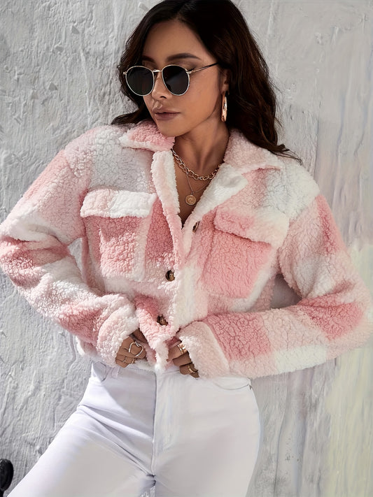 Sixsr Plaid Pattern Teddy Coat, Casual Button Front Long Sleeve Warm Outerwear, Women's Clothing