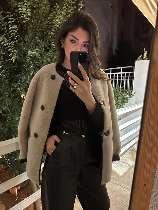 Sixsr Faux Fur Button Front Coat, Casual Long Sleeve Coat For Fall & Winter, Women's Clothing