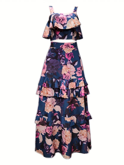 Floral Print Two-piece Skirt Set, Crop Tank Top & Layered Skirt Outfits, Women's Clothing