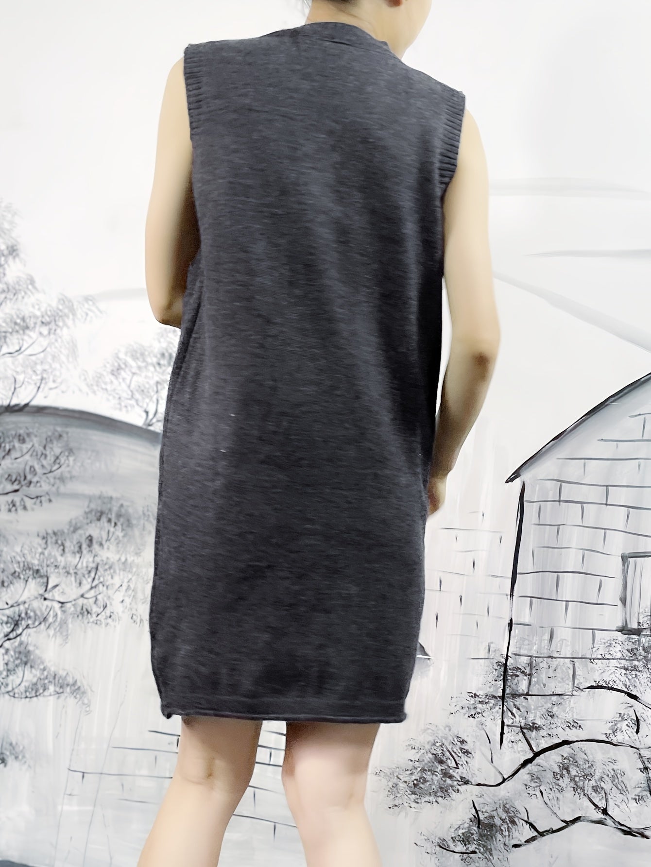 Sixsr Pocket Front Sleeveless Dress, Casual Solid V Neck Sweater Dress, Women's Clothing