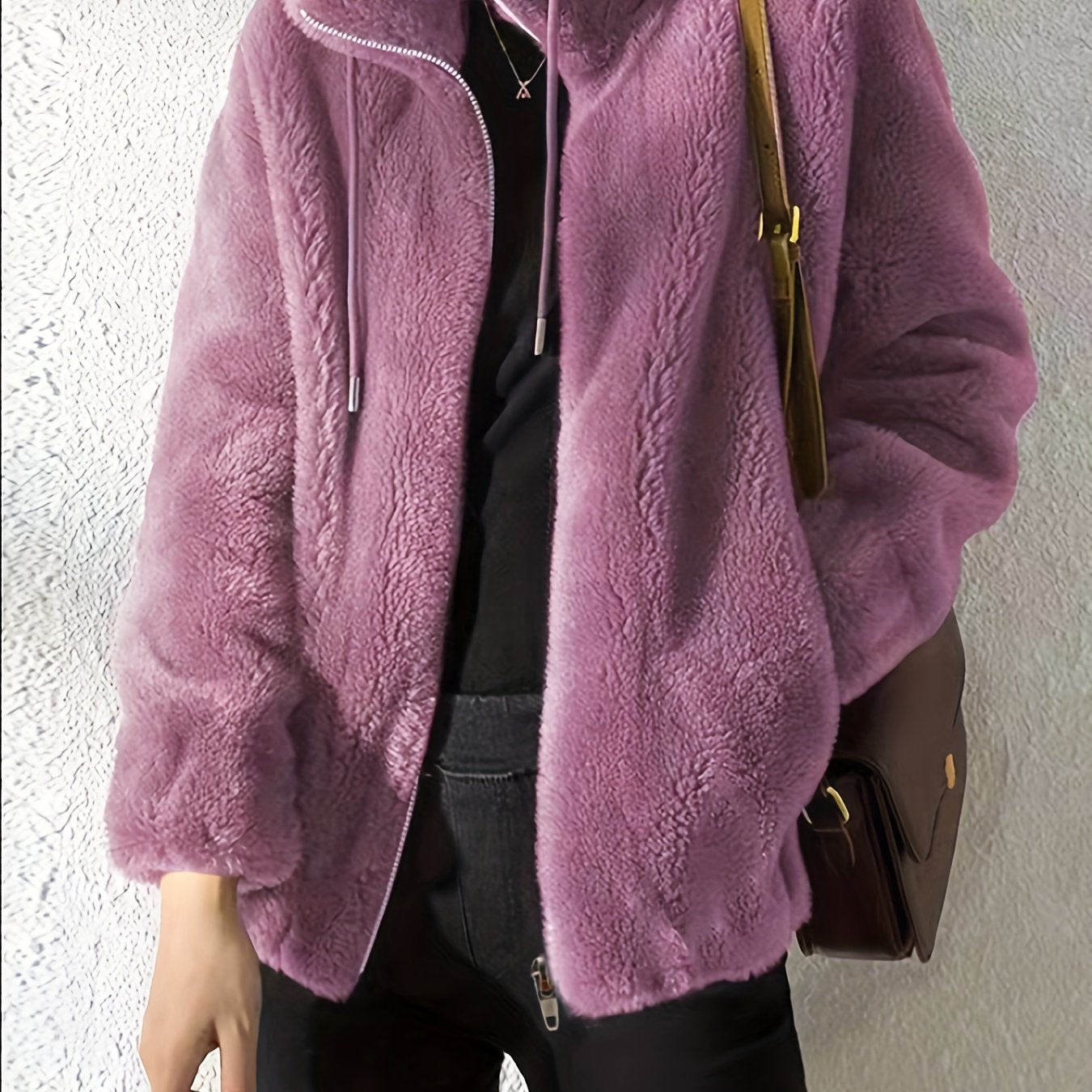 Sixsr Drawstring Teddy Coat, Casual Zip Up Long Sleeve Warm Outerwear, Women's Clothing
