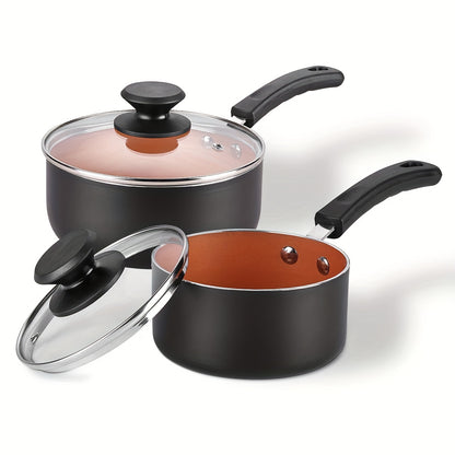 1set Nonstick Sauce Pan Set with Lid, 1 QT + 2.0 QT Sauce pot Cooking Pots Set, Stay-cool Handle, Induction Compatible, PFOA Free Black and Golden