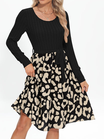 Sixsr Leopard Print Splicing Dress, Elegant Crew Neck Long Sleeve Dress, Women's Clothing