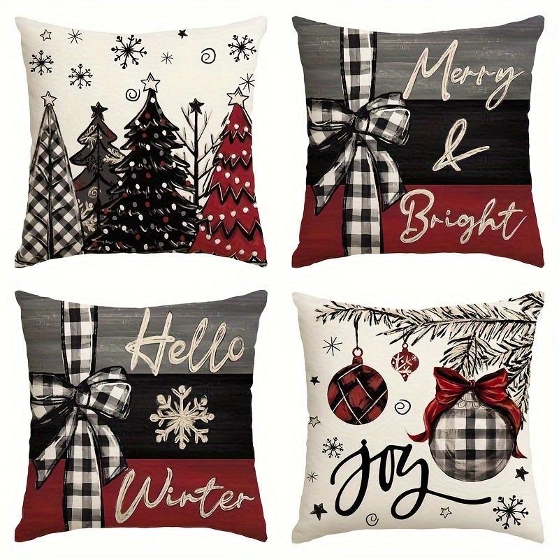 4pcs Vibrant Red Christmas Tree Throw Pillow Covers - 18x18 Inch, Festive Holiday Decor for Sofa & Couch, Machine Washable Polyester with Zip Closure, Perfect for Winter Season Home Decoration