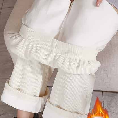 Sixsr Solid Fleece Straight Leg Pants, Casual High Waist Thermal Pants For Fall & Winter, Women's Clothing