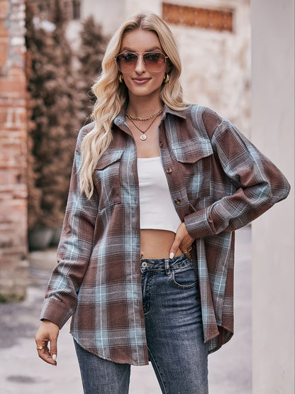 Sixsr Plaid Button Front Shirt, Elegant Long Sleeve Lapel Shirt, Women's Clothing