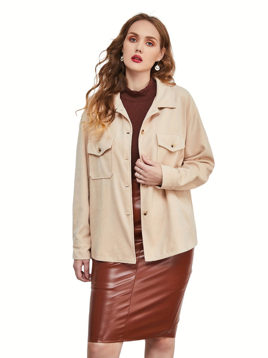 Sixsr Plus Size Casual Coat, Women's Plus Solid Button Up Side Pocket Collared Long Sleeve Coat
