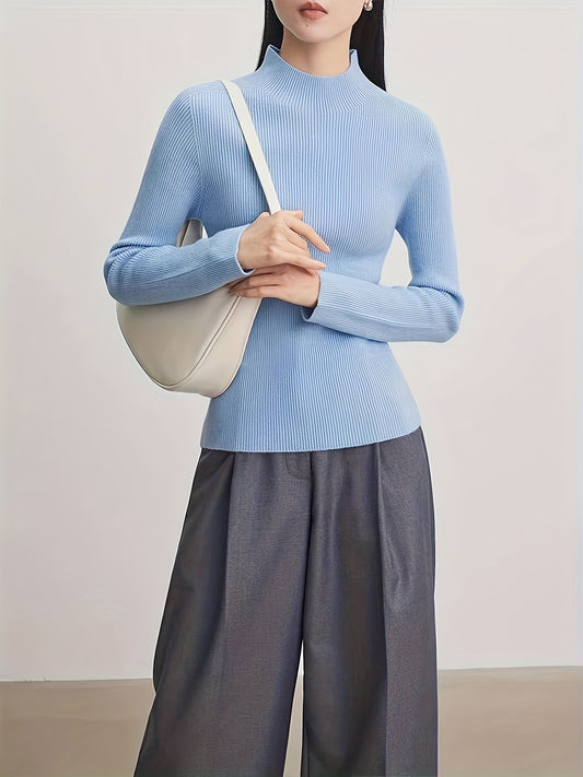 Sixsr Solid Mock Neck Knitted Top, Elegant Long Sleeve Slim Sweater, Women's Clothing