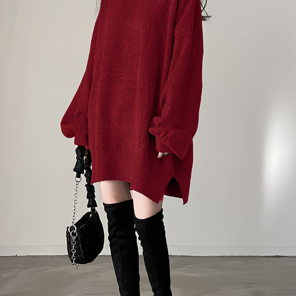 Sixsr Solid Turtle Neck Oversized Sweater, Casual Long Sleeve Split Sweater, Women's Clothing