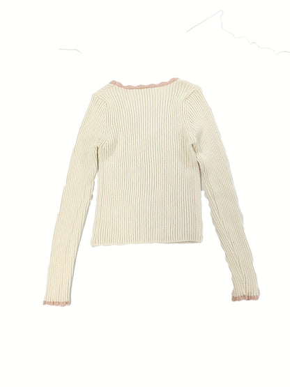 Sixsr Contrast Trim Scoop Neck Pullover Top, Casual Long Sleeve Slim Knit Sweater, Women's Clothing
