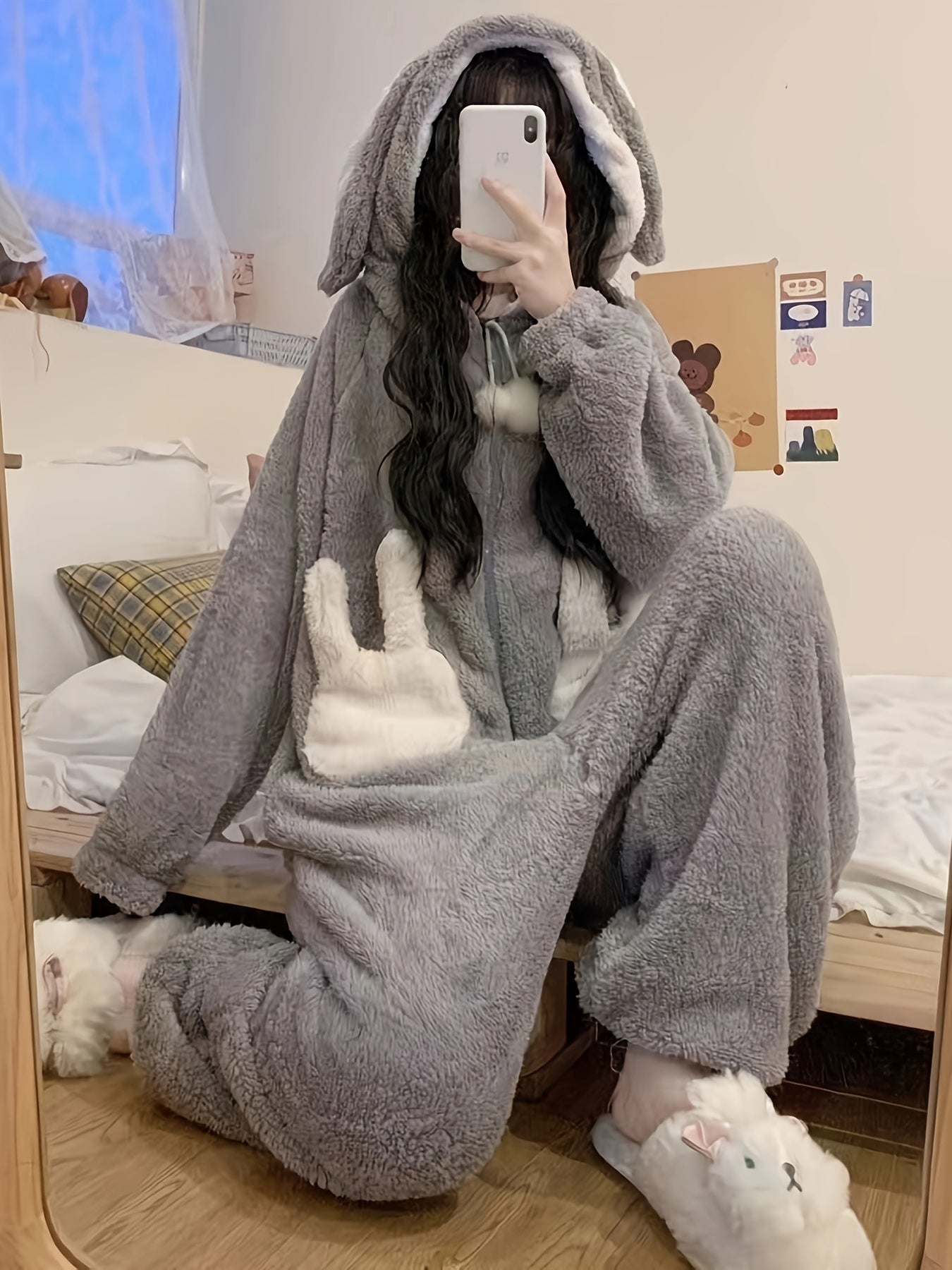 Sixsr Cartoon Bunny Fuzzy Hooded Jumpsuit, Cute Long Sleeve Zipper Pajamas, Women's Sleepwear & Loungewear