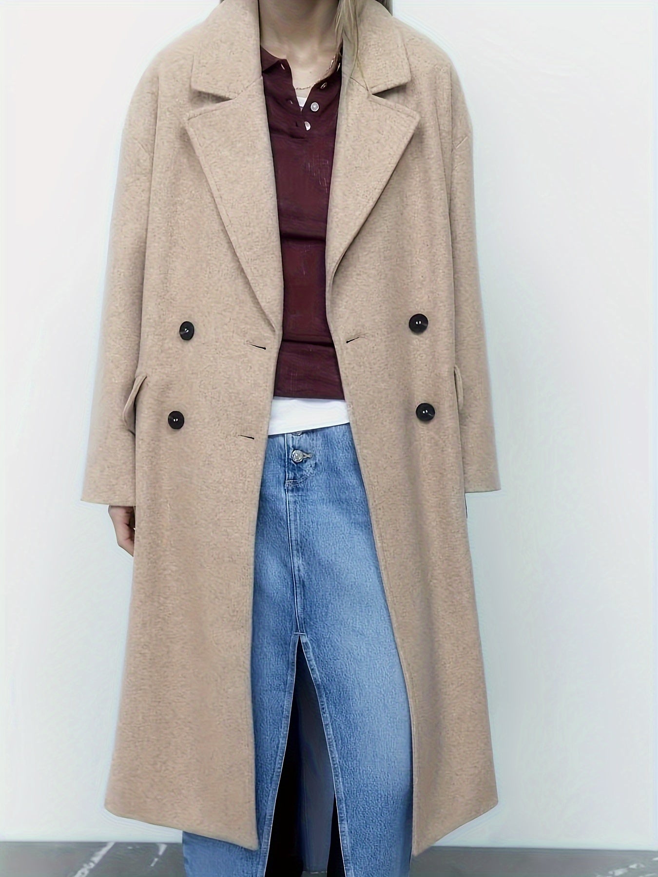 Sixsr Solid Double Breasted Lapel Overcoat, Elegant Long Sleeve Winter Warm Outwear, Women's Clothing