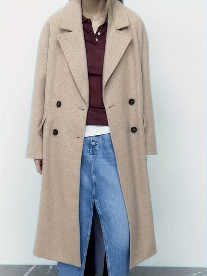 Sixsr Solid Double Breasted Lapel Overcoat, Elegant Long Sleeve Winter Warm Outwear, Women's Clothing