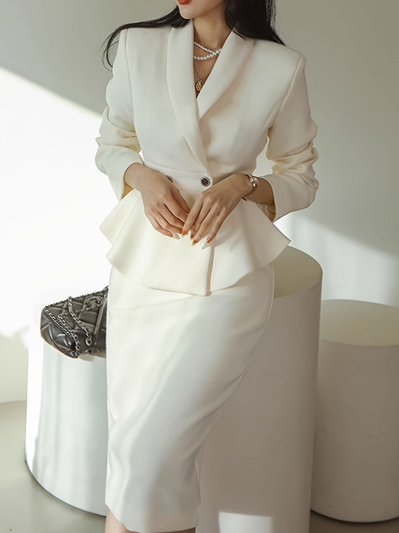 Sixsr  Elegant Slim Ruffle Hem Suit, Long Sleeve Blazer & Bodycon Skirt Outfits, Women's Clothing