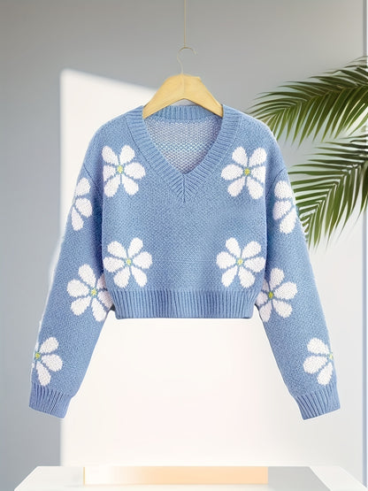 Sixsr Floral Jacquard Girls Drop Shoulder V-neck Knitted Sweater For Fall Winter