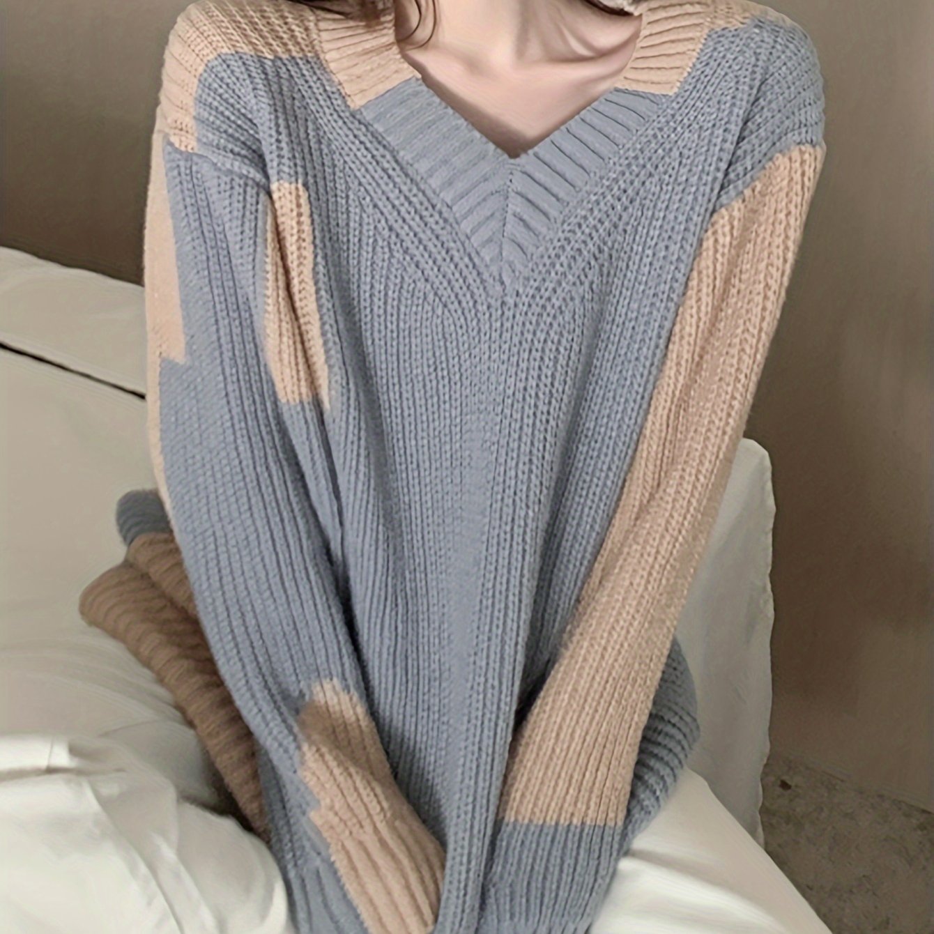 Sixsr Color Block Knitted Pullover Sweater, Casual Long Sleeve Sweater For Fall & Winter, Women's Clothing