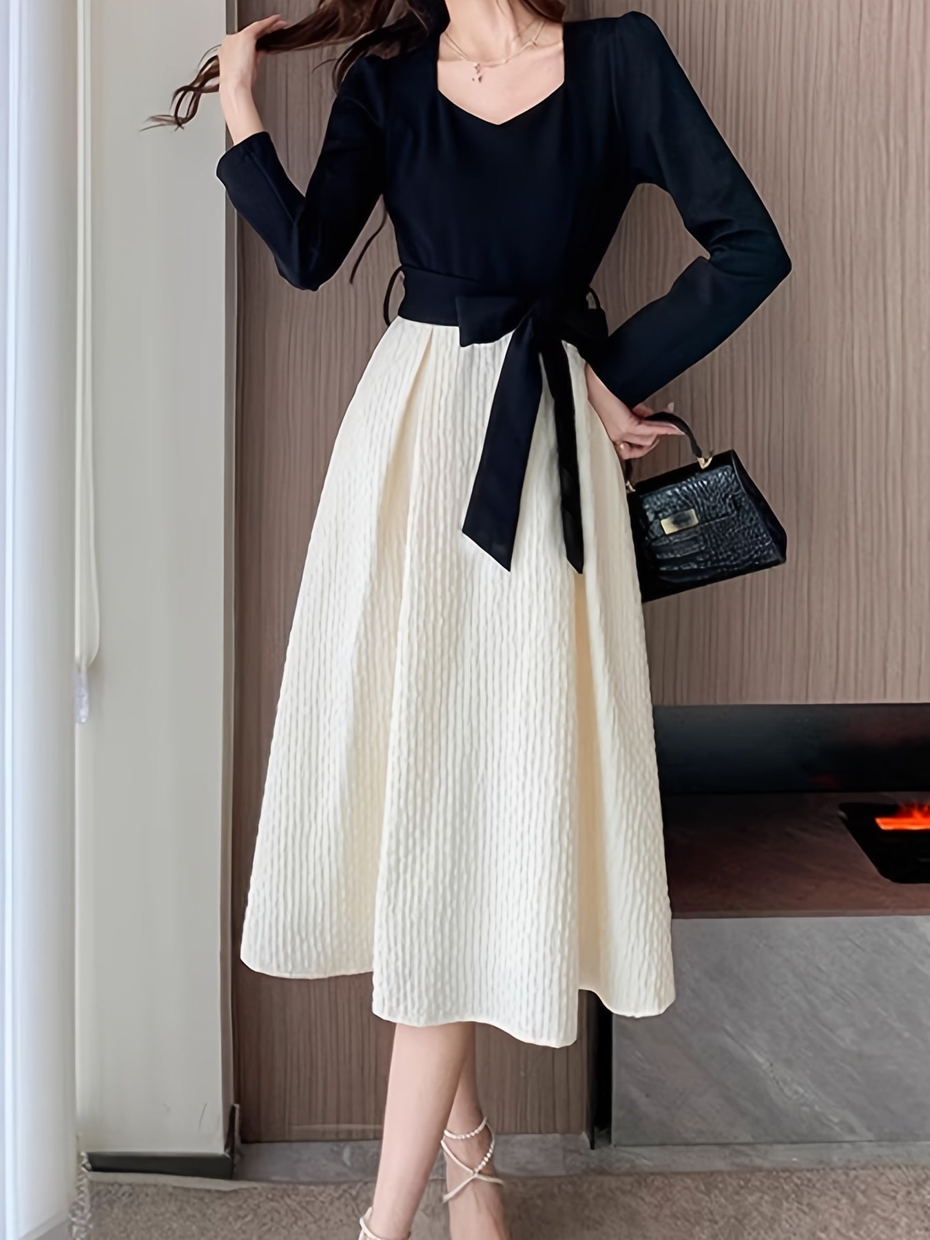 Sixsr Color Block A-line Dress, Chic Long Sleeve Tied Waist Dress, Women's Clothing