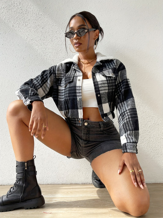 Sixsr Button Plaid Faux Fur Collar Jacket, Casual Long Sleeve Crop Jacket For Fall & Winter, Women's Clothing