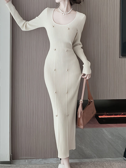 Sixsr Ribbed Slim Solid Dress, Elegant Long Sleeve Dress For Spring & Fall, Women's Clothing