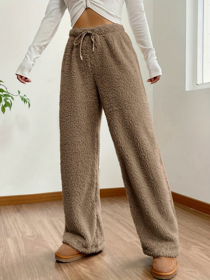 Sixsr Solid Color Teddy Bear Pants, Casual Drawstring Wide Leg Loose Pants, Women's Clothing