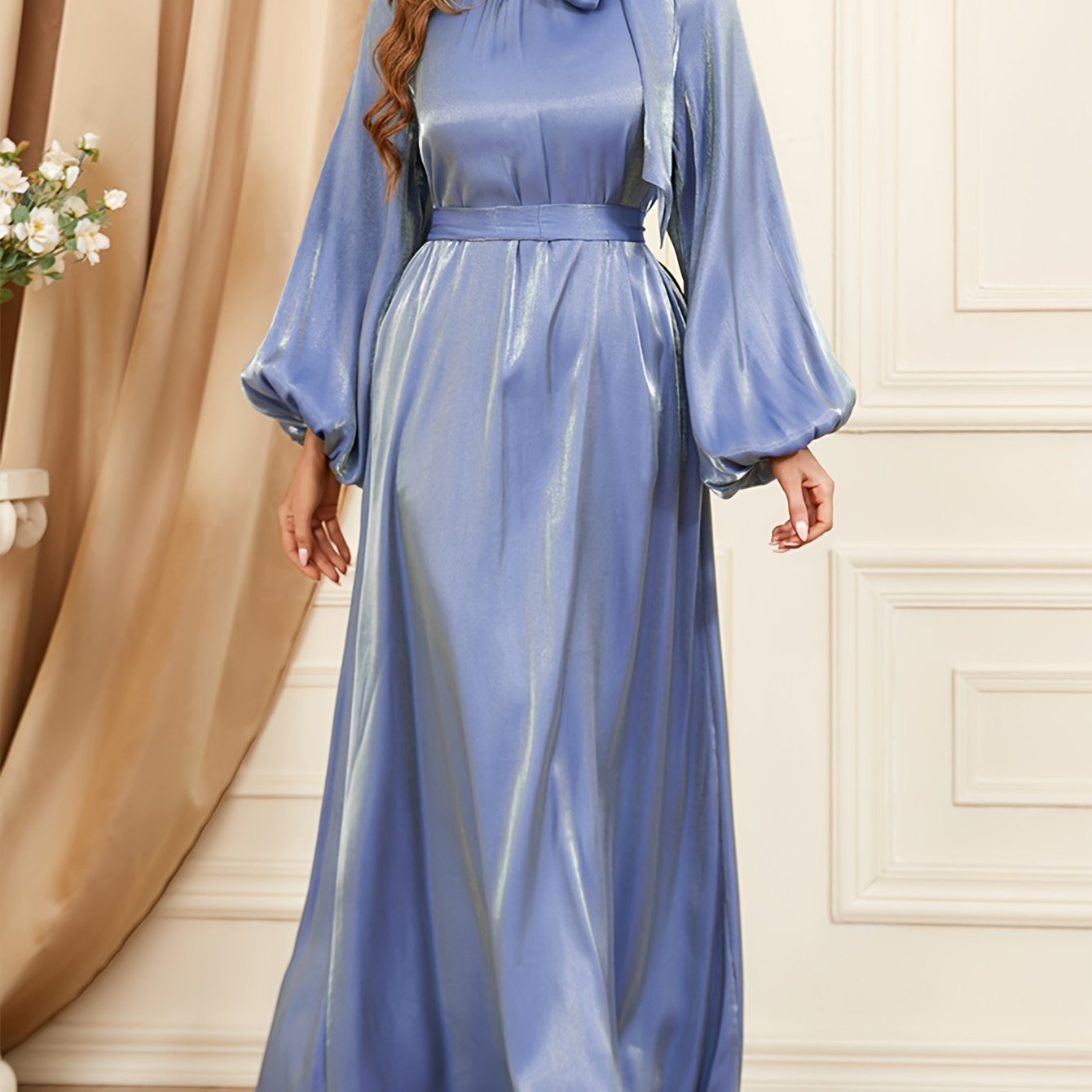 Sixsr Solid Tie Neck Dress, Elegant Loose Long Sleeve Dress For Party & Banquet, Women's Clothing