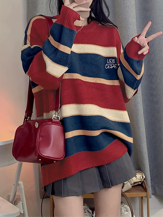 Sixsr Letter Embroidery Color Block Sweater, Casual Long Sleeve Sweater For Fall & Winter, Women's Clothing