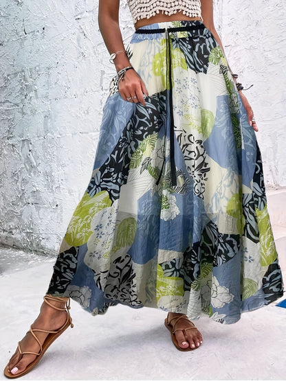 Floral Print High Waist Skirts, Boho Beach Summer Pleated Maxi Skirts, Women's Clothing