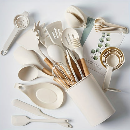 28pcs/set, Non-Stick Silicone Utensil Set with Wooden Handle - Perfect for Cooking, Kitchen, and Dorm Essentials