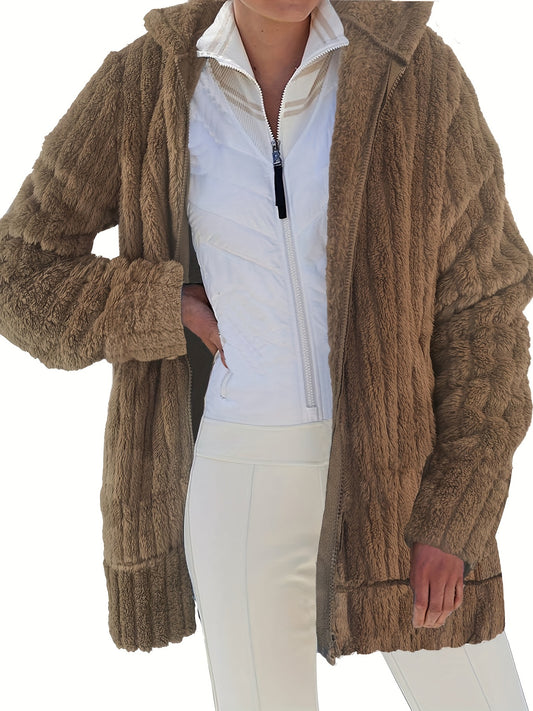 Sixsr Plus Size Casual Coat, Women's Plus Solid Ribbed Fuzzy Fleece Zip Up Long Sleeve Hooded Overcoat With Pockets