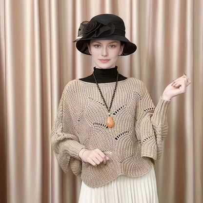 Sixsr Elegant Hollow Out Knitted Shawl Stylish Solid Color Pullover Coat Autumn Winter Warm Versatile Bat Sleeves Cloak