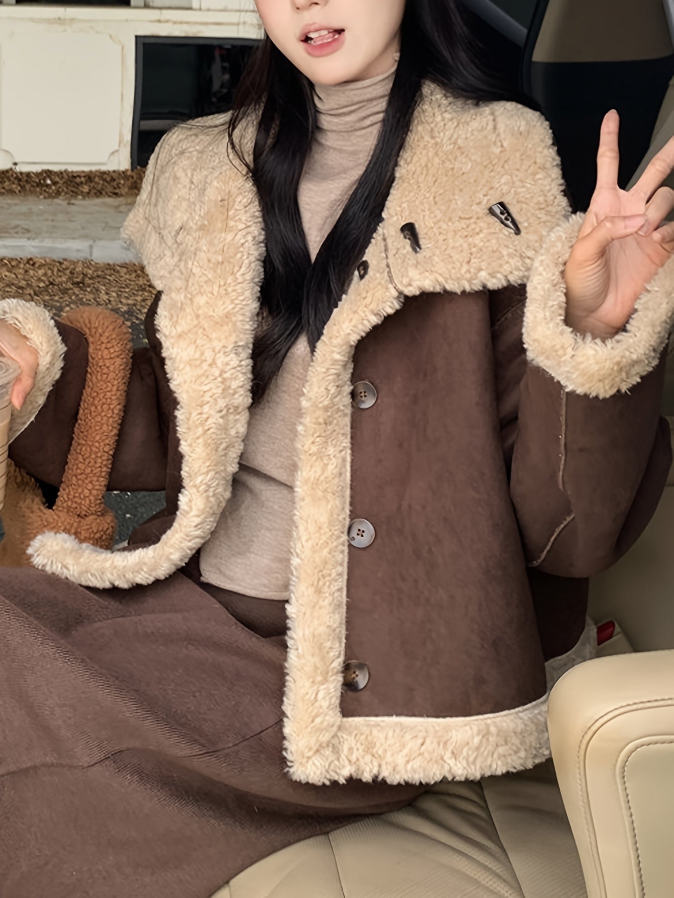 Sixsr Fuzzy Trim Stand Collar Coat, Casual Button Front Long Sleeve Warm Outerwear, Women's Clothing