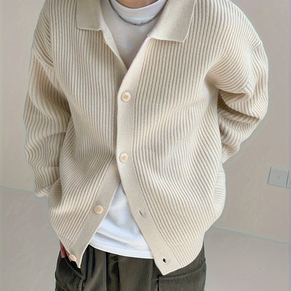 Sixsr Men's Stylish Solid Loose Knitted Cardigan, Casual Medium Stretch Breathable Long Sleeve Button Up Top For City Walk Street Hanging Outdoor Activities