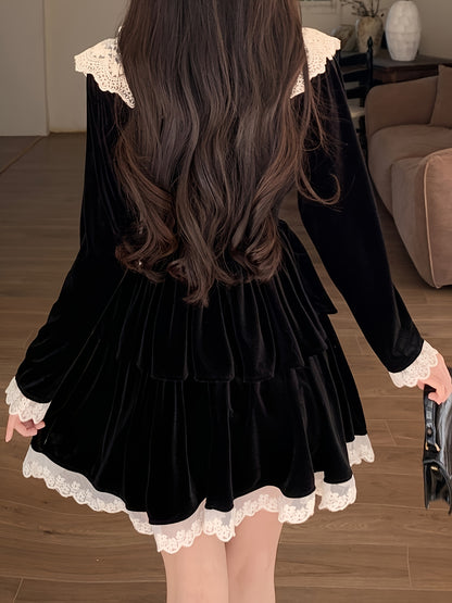 Sixsr Contrast Trim Lace Splicing Velvet Dress, Sweet Button Front Bow Decor Dress For Spring & Fall, Women's Clothing