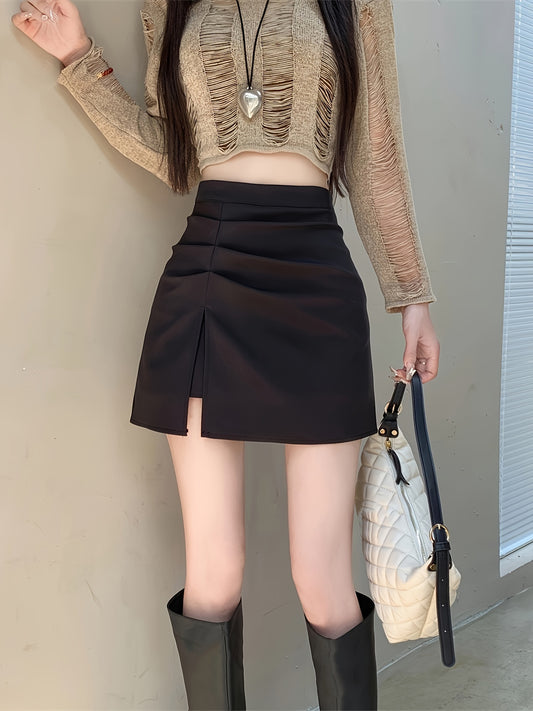 Sixsr  Solid High Waist Split Skirt, Casual Ruched A Line Mini Skirt, Women's Clothing