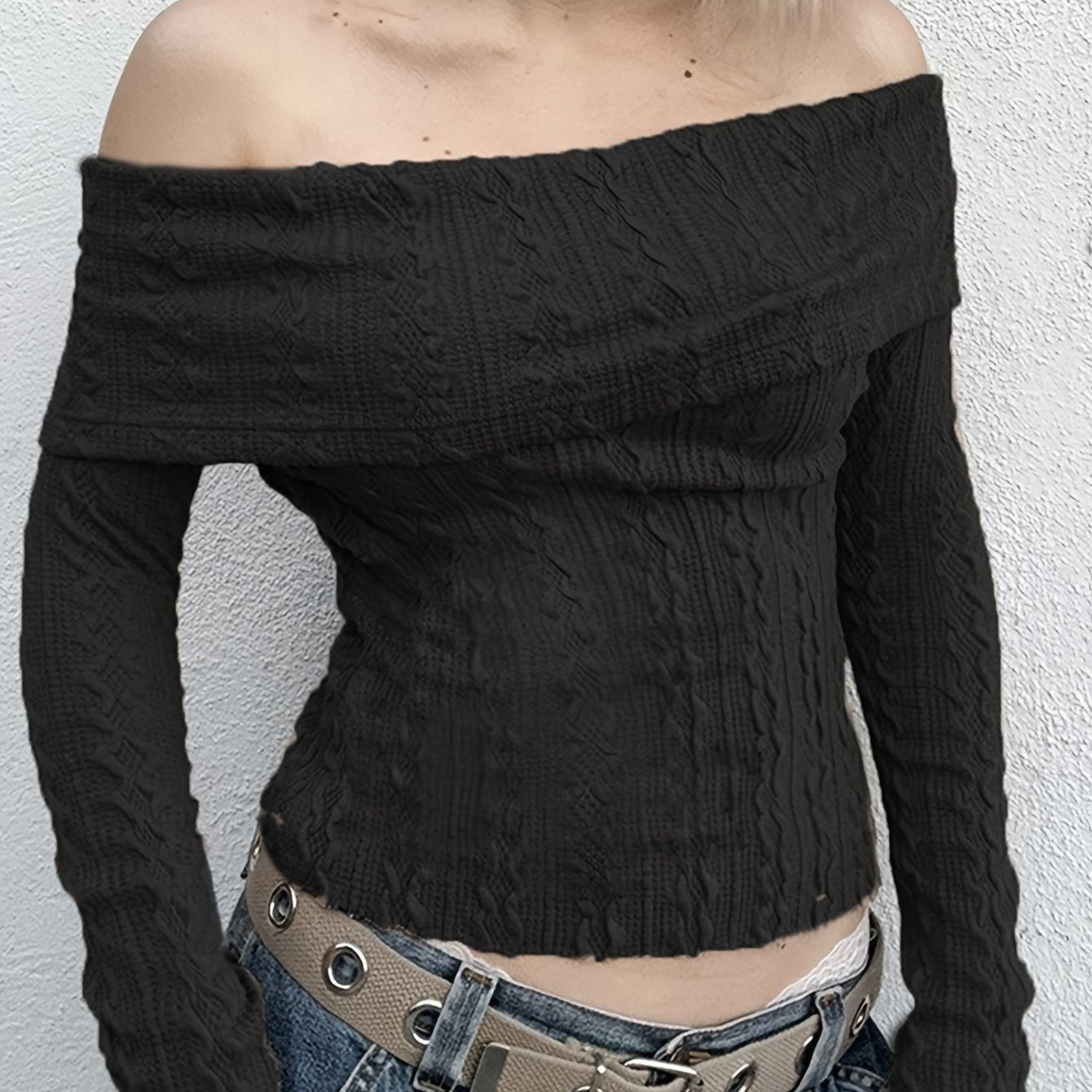 Sixsr Solid Textured Off Shoulder T-Shirt, Casual Long Sleeve Top For Spring & Fall, Women's Clothing