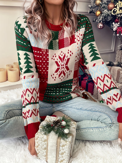 Elegant Women's Christmas Pattern Drop Shoulder Sweater - Cozy Acrylic, Crew Neck, Color Block Design for Fall/Winter