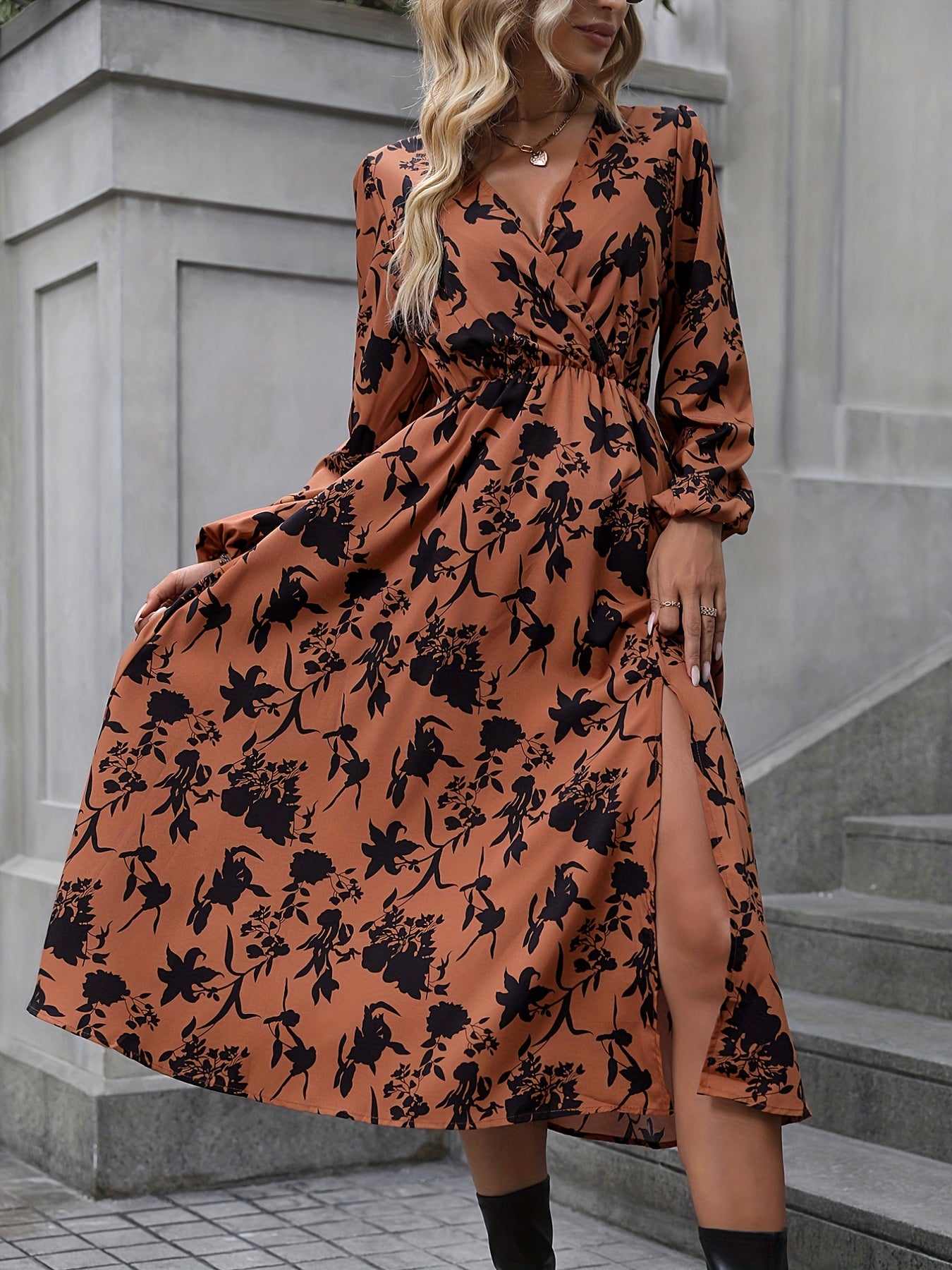 Floral Print Split V Neck Dress, Elegant Long Sleeve Dress For Spring & Fall, Women's Clothing