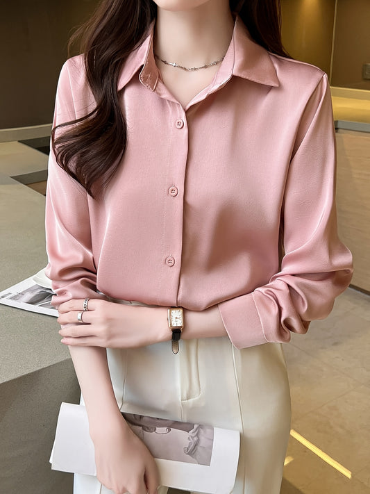 Sixsr Solid Button Front Shirt, Casual Long Sleeve Collar Work Office Shirt, Women's Clothing