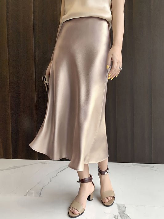 Sixsr Retro Satin Maxi Skirts, Casual Solid High Waist Vintage Fashion Summer Skirts, Women's Clothing