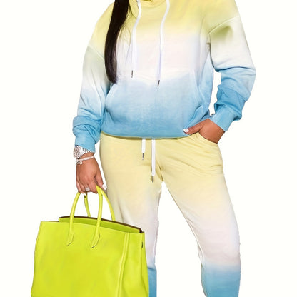 two-piece Gradient Casual Hoodie and Jogger Set with Drawstring and Pockets for Women's Comfort and Style