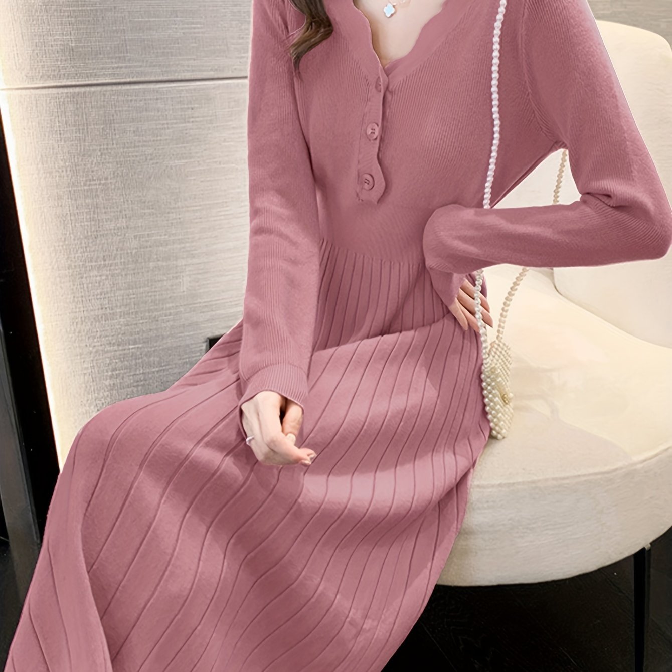 Sixsr Button Front V Neck Dress, Chic Solid Color Long Sleeve Pleat Dress, Women's Clothing