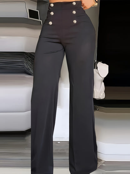 Sixsr Solid Wide Leg Pants, Casual High Waist Buttons Long Length Pants, Women's Clothing