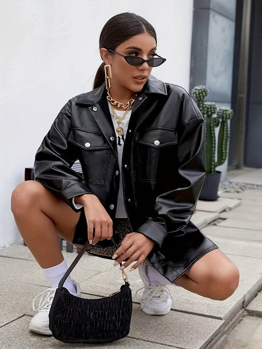 Sixsr Plus Size Street Style Coat, Women's Plus Solid Faux Leather Long Sleeve Lapel Collar Button Up Jacket With Flap Pockets