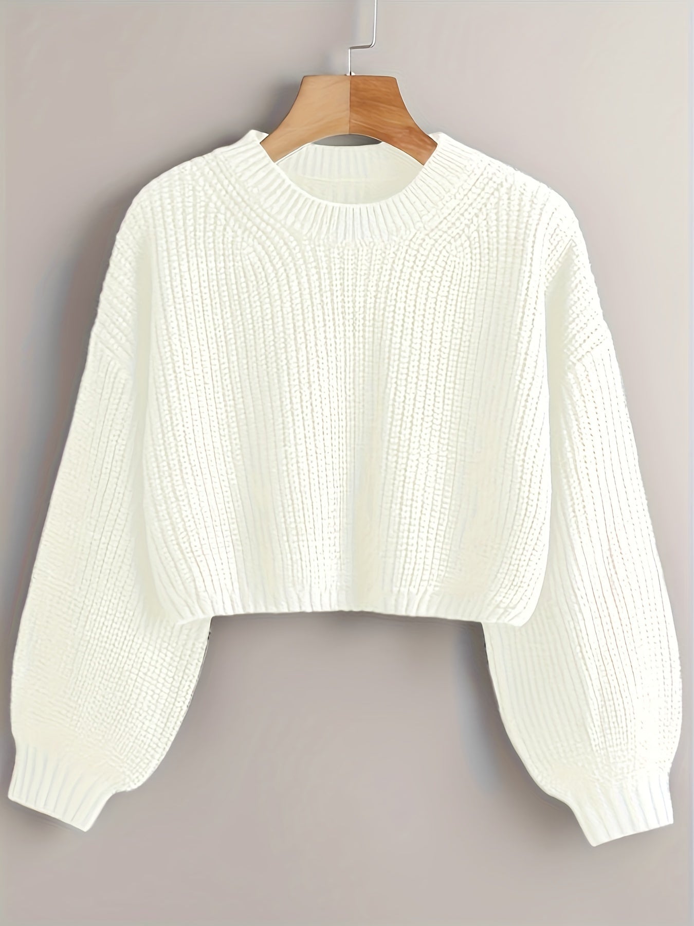 Sixsr Solid Crew Neck Crop Sweater, Casual Lantern Sleeve Comfy Pullover Sweater, Women's Clothing